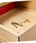 Set Of 25 Brass Barrel Hidden Hinges For Jewelry Boxes And Keepsakes on a wooden drawer, showing sleek concealed design