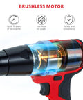 Cordless Rivet Gun Tool For M18 18V Battery Systems showing brushless motor design, illustrating durability and efficiency with red and black casing.