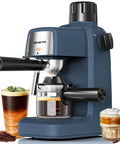 Kickstart Your Day With This Compact Espresso Machine Featuring Fast Preheat And Smooth Milk Frothing For Killer Hot Or Iced Lattes That Truly Hit Different Every Single Pour, showcasing espresso maker with glass jug and iced latte.