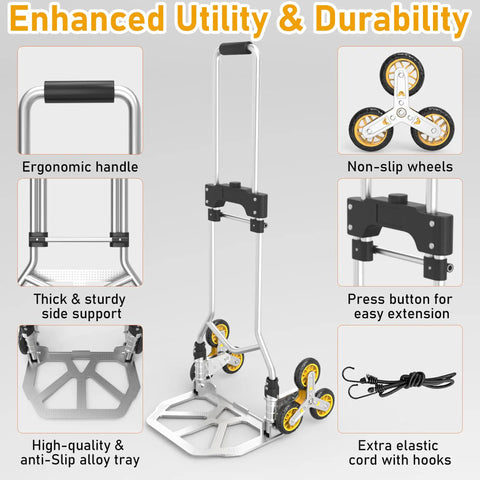 Heavy Duty Stair Climbing Dolly With Telescoping Handle And Six Rolling Wheels For Moving And Grocery Hauls Foldable Aluminum Cart showing ergonomic handle and sturdy side support.
