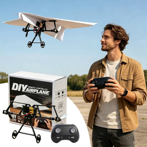 Man controlling Totally Fun DIY Electric Remote Control Paper Airplane Kit With Gyro Stabilizer And Dual Propellers outdoors