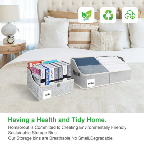 Trapezoid Closet Storage Bins With Handles Easy View Organizer Baskets for Clothes Toys Books 3 Pack on bedroom bed