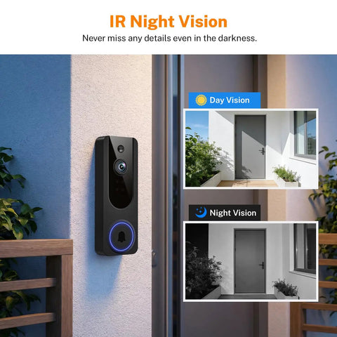 1080P Wireless Dome Surveillance Camera With AI Human Detection, Night Vision showing day and infrared night vision comparison.