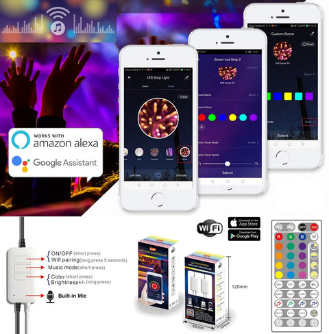 70ft Waterproof 24V RGB LED Strip Lights With WiFi App Control And Alexa Voice Music Sync interface and packaging