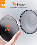 Hand holding cap next to 77mm Magnetic UV Lens Filter With 28 Layer Coatings Ultra Slim Waterproof Scratch Resistant Lens Protector