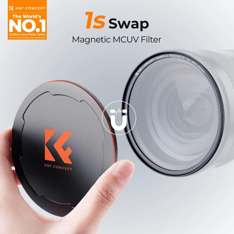 Hand holding cap next to 77mm Magnetic UV Lens Filter With 28 Layer Coatings Ultra Slim Waterproof Scratch Resistant Lens Protector