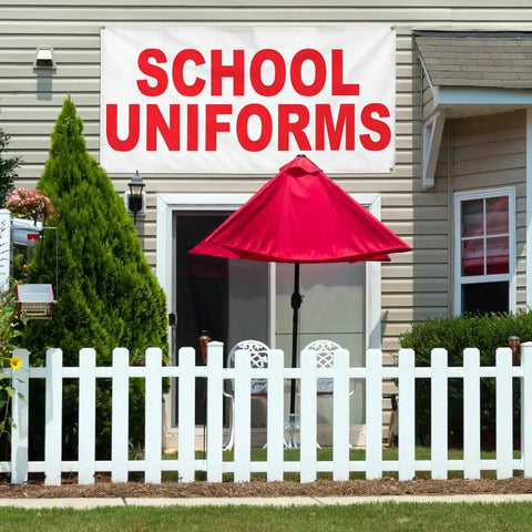 Industrial Grade Custom Printed Heavy Duty Vinyl Banner 24x48 Inches Red Education Design above outdoor seating with a white fence.