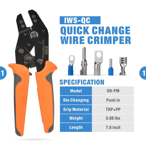 Quick Change Ratcheting Crimping Tool Kit For Auto Wiring Includes Five Die Sets Wire Stripper Carry Case with tool specs