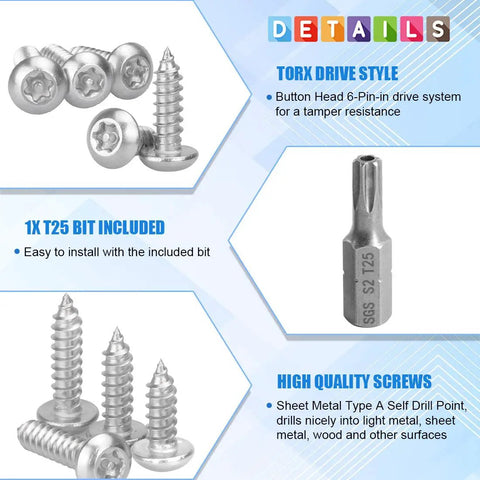 Built Tough Top Shelf Size 10 X 1 Inch Button Head Torx Security Screws Tamper Resistant Sheet Metal Fasteners with T25 Bit
