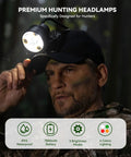 Hunter wearing Long Range Coon Hunting Headlamp With 600 Lumens, Rechargeable, IPX5 Waterproof, Six Lighting Modes and black hat.