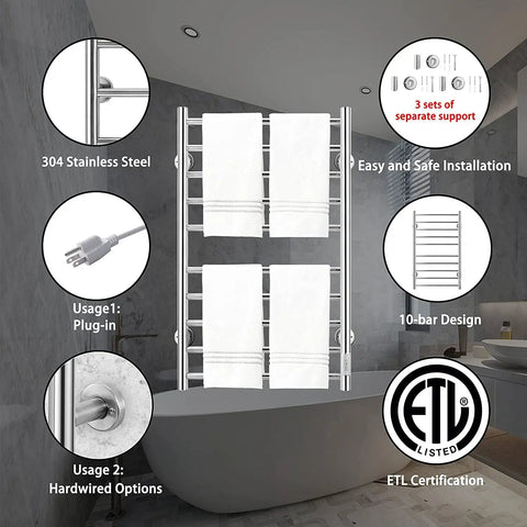 Bathroom setting showcasing the 10 Bar Wall Mounted Towel Warmer With Timer For Bathroom Stainless Steel Heated Towel Rack Plug In Or Hardwired Matte Silver Finish Energy Saving Quick Heat 10 Minute Warm Up.