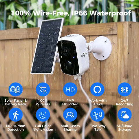 Image of Dope Solar Wireless Outdoor Security Cameras Two Pack Battery Powered 3K 4MP WiFi Surveillance System mounted on a wooden fence.