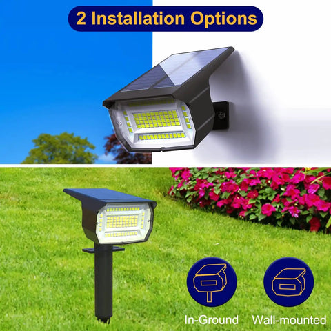 Outdoor All Weather Solar Spot Lights 72 LED IP65 Waterproof Dusk To Dawn Landscape Spotlights setup on wall and ground