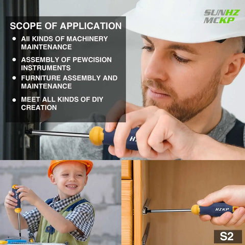 Man and child using Torx Screwdriver Set 12 Piece S2 Alloy Steel Magnetic Star Drivers T5 Through T40 Pro Grade for DIY and repairs.