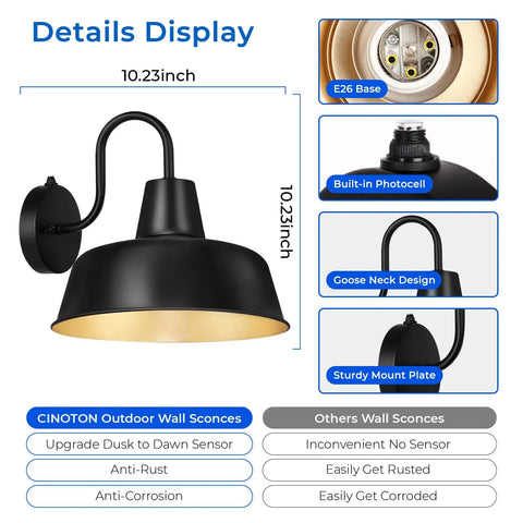 Details of Dusk To Dawn Outdoor Wall Sconces With Sensor, highlighting E26 base, black gooseneck design, and sturdy mount plate.