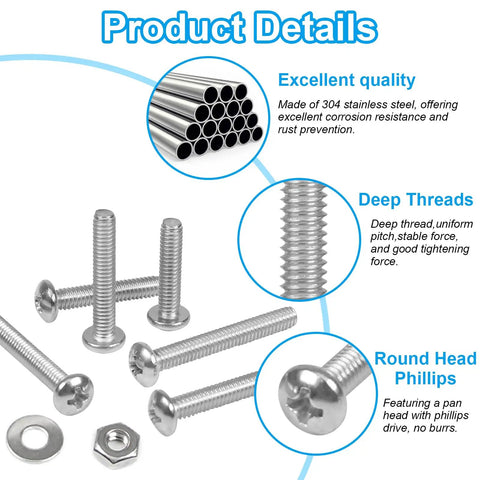 8-32 Phillips Pan Head Machine Screws Nuts Washers Set In 304 Stainless Steel Coarse Full Thread 200-Piece Assortment with details