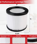 Heavy Duty Nanofiber Cartridge Filter For Most 4 Gallon And Smaller Wet Dry Vacuums 2 Pack Reusable PET Filtration Paper Replacement Fits Most Models, shown with dimensions and materials