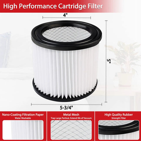 Heavy Duty Nanofiber Cartridge Filter For Most 4 Gallon And Smaller Wet Dry Vacuums 2 Pack Reusable PET Filtration Paper Replacement Fits Most Models, shown with dimensions and materials