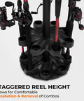 V16 Rotating Fishing Rod Holder For Garage Storage showing rods installed in durable ABS base with foam cushions