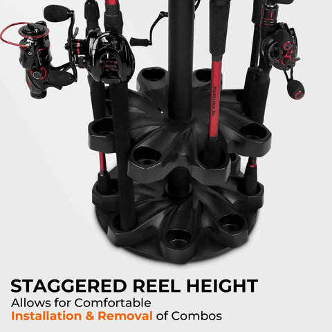 V16 Rotating Fishing Rod Holder For Garage Storage showing rods installed in durable ABS base with foam cushions