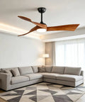 52" Modern Wood Ceiling Fan with Dimmable LED Light, 6 Speed Energy Saving Reversible DC Ceiling Fan with Remote, 3 Hand-Carved Solid Wood Blades Farmhouse Ceiling Fan for Medium Large Rooms in a living room.