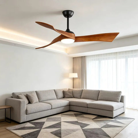 52" Modern Wood Ceiling Fan with Dimmable LED Light, 6 Speed Energy Saving Reversible DC Ceiling Fan with Remote, 3 Hand-Carved Solid Wood Blades Farmhouse Ceiling Fan for Medium Large Rooms in a living room.