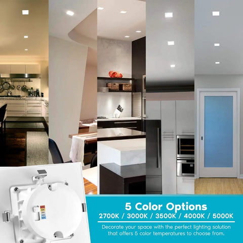 Square Recessed LED Can Lights With Five CCT Color Temperature Options 2700K 3000K 3500K 4000K 5000K shown in various rooms