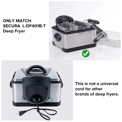 Back view of deep fryer with Magnet Power Cord For L-DF401B-T Deep Fryer Only, 1 Meter Black Replacement Cable attached
