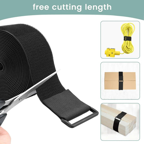 2 Inch Wide Heavy Duty Cable Straps With 15 Buckles, 16 Ft Reusable Hook And Loop Ties being cut with scissors for custom fit