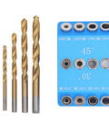 Knockout Accuracy Drill Guide Jig For 30 45 90 Degree Angles Rock Solid Aluminum Alloy Woodworking Clamp For Smooth Furniture Assembly And Top Shelf Diy Builds With Steel Sleeves with drill bits and angle guide.