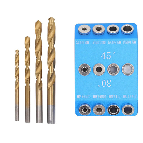 Knockout Accuracy Drill Guide Jig For 30 45 90 Degree Angles Rock Solid Aluminum Alloy Woodworking Clamp For Smooth Furniture Assembly And Top Shelf Diy Builds With Steel Sleeves with drill bits and angle guide.