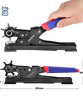 Heavy Duty Rotary Leather Hole Punch Kit With Six Size Options showing measurements and hand-held use, ideal for belts and collars.
