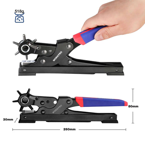 Heavy Duty Rotary Leather Hole Punch Kit With Six Size Options showing measurements and hand-held use, ideal for belts and collars.