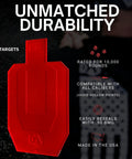Red full size self healing silhouette reactive shooting target for range training with durability details on display.