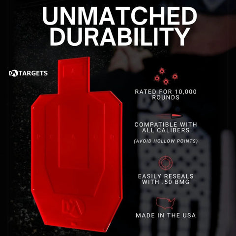 Red full size self healing silhouette reactive shooting target for range training with durability details on display.