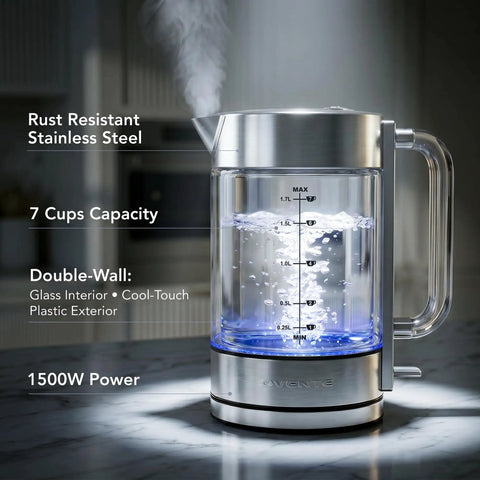 Lightning Fast 1.7L Glass Electric Kettle With Stainless Steel Base Cordless 1500W Boiler Double Wall Borosilicate
