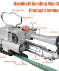 Handheld banding machine with metal handle and welding button, showcasing features for PP PET banding, lightweight aluminum design.