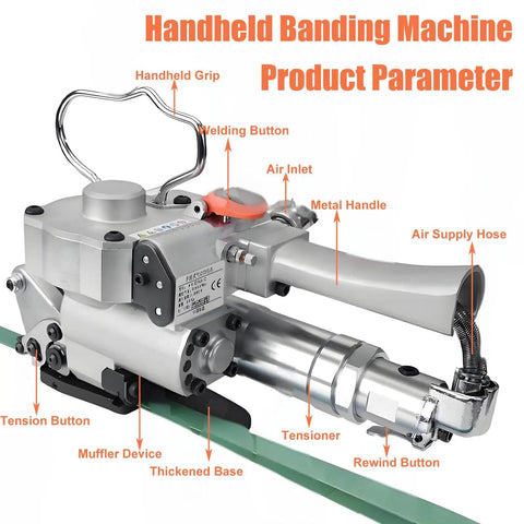 Handheld banding machine with metal handle and welding button, showcasing features for PP PET banding, lightweight aluminum design.