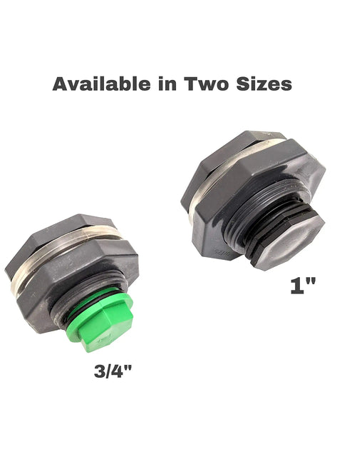 Three Quarter Inch Drain Valve Plug Kit With Silicone O Ring And Bulkhead Adapter in 3/4 inch and 1 inch sizes, forest green