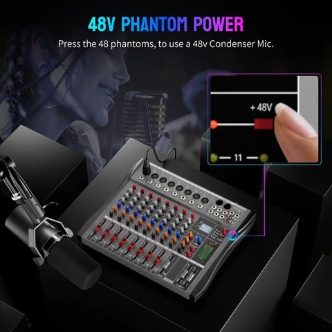 Eight Channel DJ Mixer With Bluetooth And USB Interface, 8-channel setup showing 48V phantom power for condenser mics.