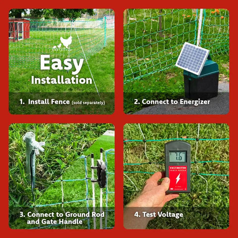 Steps to install Electric Poultry Netting Accessory Set With 0.38J Solar Fence Charger, includes grounding rod and voltmeter testing.