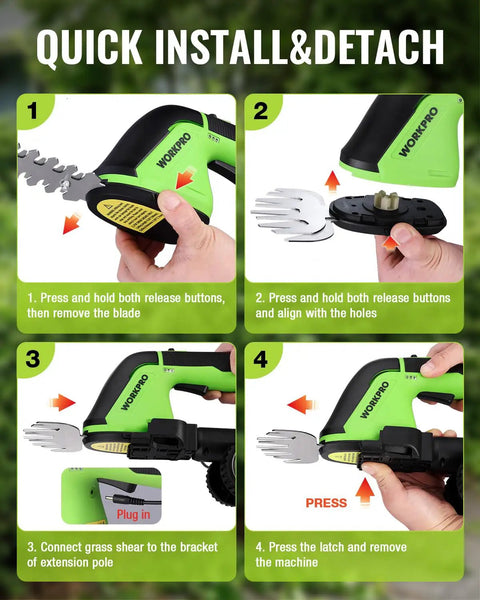 Installation steps for 12V Cordless Grass Shear and Hedge Trimmer with 2-in-1 blades and extension pole.