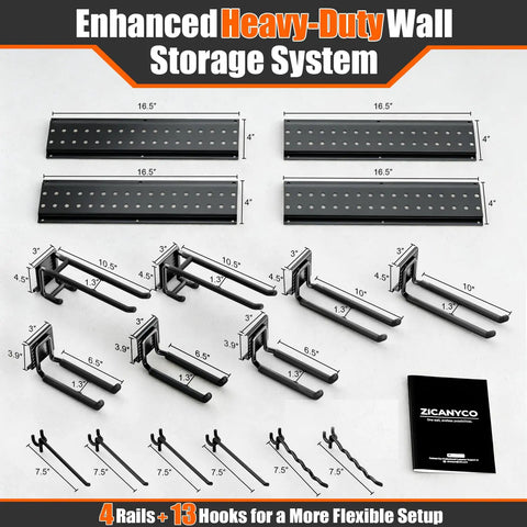 Beefy 66 Inch Garage Tool Organizer Wall Mount With 13 Adjustable Heavy-Duty Hooks, rails and hooks layout