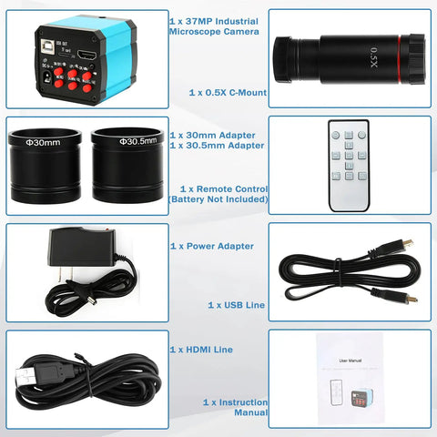 Heavy Duty 37MP 1080P Industrial C Mount Microscope Camera accessories including adapters, remote, and cables for seamless setup.