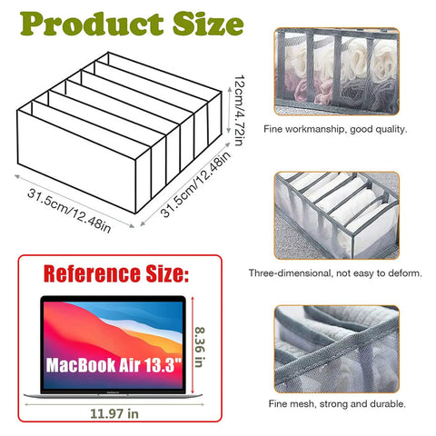 Illustration of large jeans organizer with 7 grids, product dimensions, and quality details. Jeans Organizer For Closet Extra Large 7 Grid Wardrobe Storage Box With Handle Built In PP Board Sturdy Foldable Clothes Organizer For Jeans Pants And Sweaters 3 Pack.