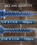 Image showing 200 Piece Concrete Screw Kit With One Quarter Inch And Three Sixteenth Inch Masonry Screws against a brick background.