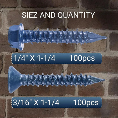 Image showing 200 Piece Concrete Screw Kit With One Quarter Inch And Three Sixteenth Inch Masonry Screws against a brick background.