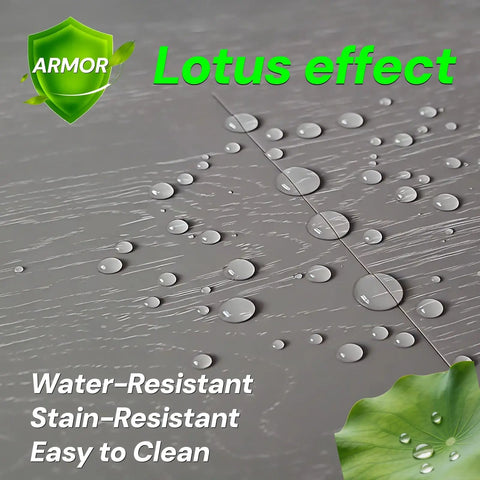 Close-up of water droplets demonstrating water-resistant feature on wood floor, Top Shelf Wood Floor Restorer And High Gloss Polish For Fresh Slick Shine That Buffs Out Tiny Scratches While Locking Boards With A Tough Non Slip Shield That Keeps Out Everyday Dust And Water Spots On Hardwood And Laminate.