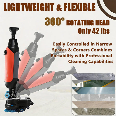 Heavy Duty Commercial Floor Sweeper Machine With Self Propelled 360 Degree Rotating Head For Industrial Workshops And Warehouses. Efficient Hand Push Scrubber Polisher Cleans Wet Dry Debris Stains On Various Hard Surface Flooring Types For A Spotless