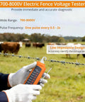 Electric Fence Voltage Tester 700V-8000V With 8 Neon Indicator Lights, handheld on barbed wire fence